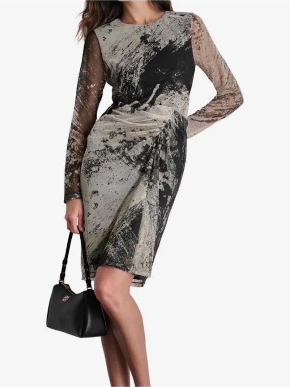 NWT Dkny Black & Brown Swirl Design Stretch Layered Long-Sleeve Dress